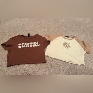 SHEIN Brown and Cream Cowgirl and Sun women’s crop Tees